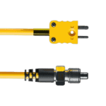 Close-up of a yellow and black electrical power cable with a plug and socket, used in racing or automotive applications.