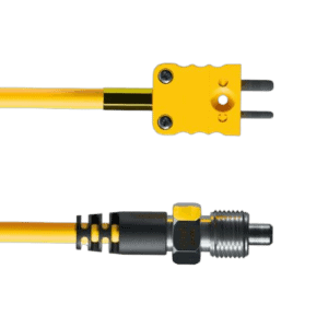 Close-up of a yellow and black electrical power cable with a plug and socket, used in racing or automotive applications.