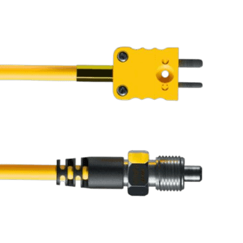 Close-up of a yellow and black electrical power cable with a plug and socket, used in racing or automotive applications.