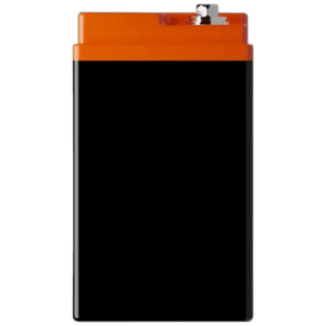 Orange and black racing battery with a sleek design, suitable for motorsport vehicles, from Grand Prix Racewear.