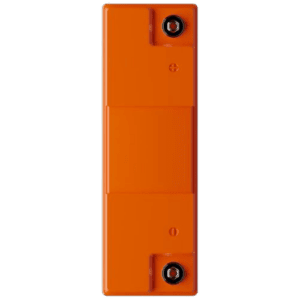 Orange lithium battery with two screw terminals and a small circular connector on top, designed for high-performance applications.