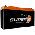 Super B lithium battery with orange and black casing, designed for high-performance racing applications.