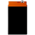 Orange and black racing battery with high-performance design for motorsport vehicles.
