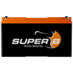 Super B lithium battery with black and orange design, suitable for high-performance racing applications.
