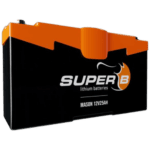 Super B lithium motorcycle battery with orange and black casing, 12V 25Ah capacity, ideal for racing and high-performance bikes.