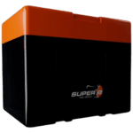 Super B motorcycle battery in black and orange with logo, designed for high performance and durability.