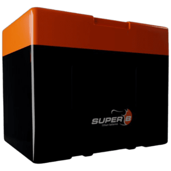 Super B motorcycle battery in black and orange with logo, designed for high performance and durability.