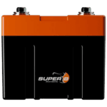 High-performance Super B lithium motorcycle battery with orange and black casing, designed for racing and high-demand applications.