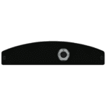Black racing helmet communication device with a circular connector port for Grand Prix racewear.