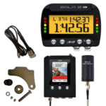 Motorcycle racing timing equipment including a digital timer, GPS device, and sensors for race timing and lap measurement.