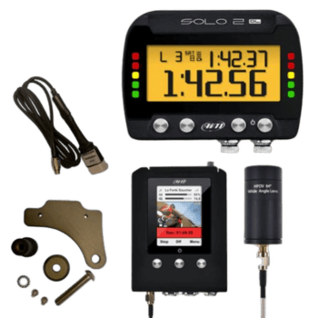 Motorcycle racing timing equipment including a digital timer, GPS device, and sensors for race timing and lap measurement.