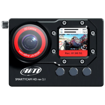 AiM Smartycam HD rev 2.1 racing camera with LCD screen and HD camera lens for motorsport recording.
