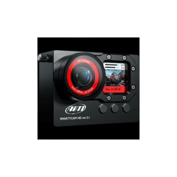 A compact AIM SMARTYCAM HD rev 2.1 racing camera with HD video recording and live streaming capabilities.