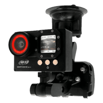 A high-tech AIM SmartyCam HD racing camera mounted on a vehicle, used for capturing in-car footage during motorsport events.