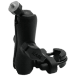 Black motorcycle handlebar mount with adjustable clamp for secure attachment and stability.