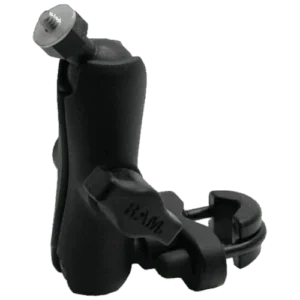 Black motorcycle handlebar mount with adjustable clamp for secure attachment and stability.