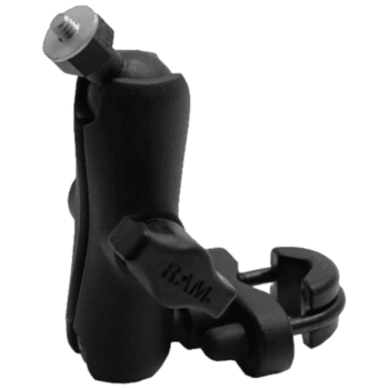 Black motorcycle handlebar mount with adjustable clamp for secure attachment and stability.