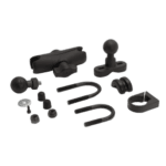 Set of black racewear accessories and hardware components for motorsport safety and performance.