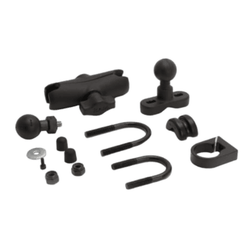 Set of black racewear accessories and hardware components for motorsport safety and performance.