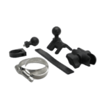 Set of black racing accessories and parts for Grand Prix Racewear on a black background.