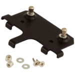 Black metal mounting bracket with screws and washers, suitable for racewear accessories or equipment installation.