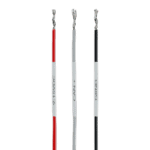 Three racing car electrical cables with different coloured insulation: red, white, and black, used in motorsport electrical systems.