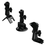 Three black adjustable camera mounts for racing event photography, featuring flexible joints and sturdy bases for secure positioning.