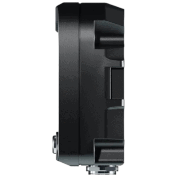 Black professional audio speaker with a sleek design, suitable for racing events and grand prix venues, featuring multiple sound output ports.