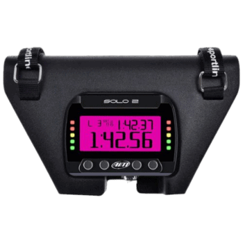 Race timing device with pink digital display showing 1:42.56, used in motorsport events for lap timing and race management.