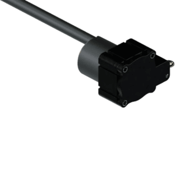 Close-up of a black electrical sensor with a cable, used in motorsport safety equipment.