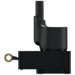 Close-up of a black Grand Prix Racewear racing helmet communication device with a microphone and antenna for motorsport safety and communication.