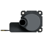 Black electronic sensor with a circular protrusion and mounting plate, used in racing or automotive applications.