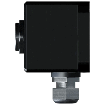 Close-up of a black racing camera used in motorsport for high-speed recording and analysis.