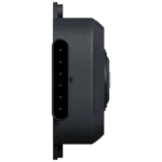 Close-up of a black electronic device with a vertical row of LED indicators on a green background.