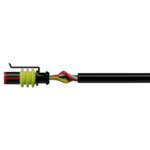 Close-up of a high-performance racing cable with colourful wiring and connectors, used in motorsport applications.