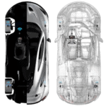 High-tech racing car with advanced wireless connectivity features, shown in both real and schematic views, highlighting modern automotive technology for Grand Prix racing.