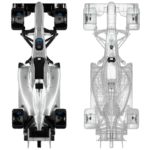 Top view of a modern Formula 1 race car with detailed aerodynamics and sleek design, showcasing the vehicle's front and rear wings.