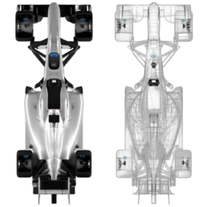 Top view of a modern Formula 1 race car with detailed aerodynamics and sleek design, showcasing the vehicle's front and rear wings.