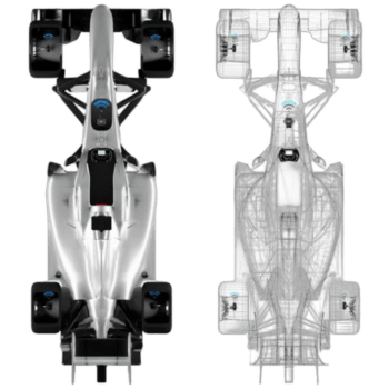 Top view of a modern Formula 1 race car with detailed aerodynamics and sleek design, showcasing the vehicle's front and rear wings.