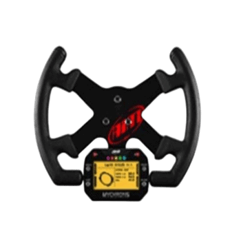 Grand Prix Racewear steering wheel with digital display for kart racing, featuring ergonomic design and advanced telemetry for competitive motorsport performance.