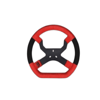 Red and black racing steering wheel for motorsport, designed for high-performance driving and safety at Grand Prix events.