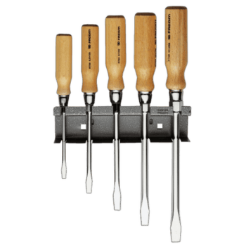 Set of five Facom wood handle screwdrivers with different sizes, mounted on a black holder for easy access and organisation.