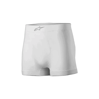 White racing shorts from Grand Prix Racewear with Alpinestars logo, designed for motorsport enthusiasts and racers.