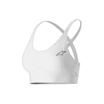 White Grand Prix Racewear sports bra with Alpinestars logo, designed for motorsport enthusiasts and racers.