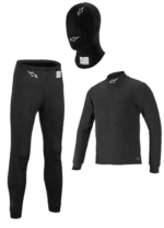 Grand Prix Racewear racing gear set including balaclava, thermal top, and trousers in black for motorsport safety and comfort.