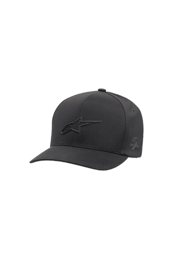 Black Alpinestars racing cap with logo, designed for motorsport enthusiasts and racewear fans.