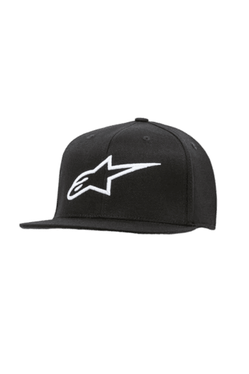 Black Alpinestars racing cap with white logo, designed for motorsport enthusiasts and racewear fans.