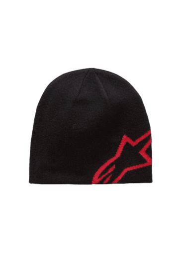 Black racing beanie hat with red logo, ideal for motorsport fans and racewear enthusiasts.