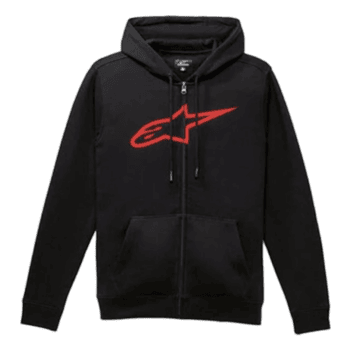 Black racing hoodie with red Chevrolet logo, full zip, and front pockets, ideal for motorsport enthusiasts and racewear fans.