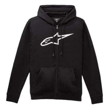 Black Alpinestars zip-up hoodie with white logo, ideal for motorsport enthusiasts and racewear fans.